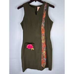 Vintage original olive appliqué crochet flower dress size small Boho Art Teacher